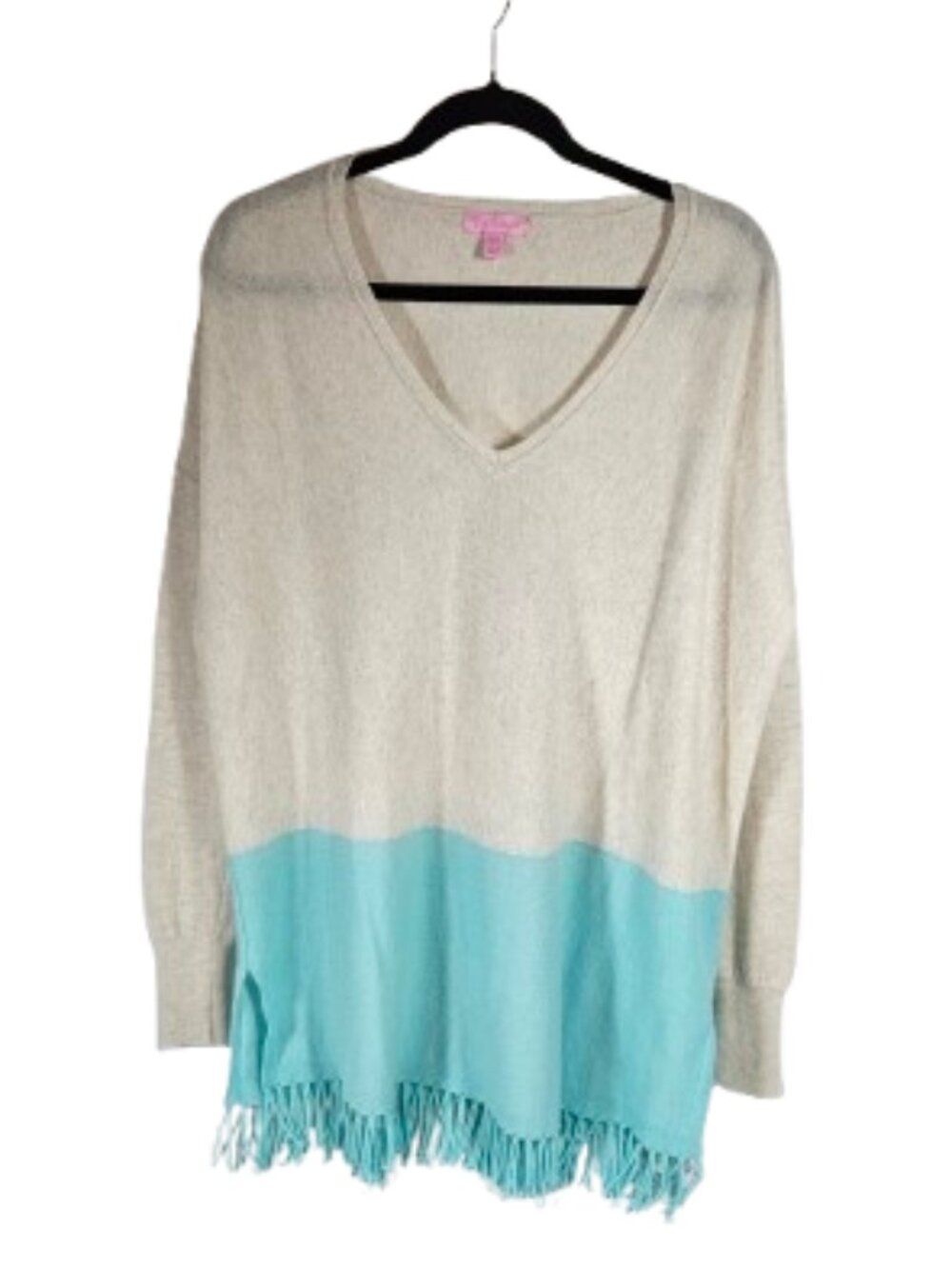 Lilly Pulitzer Alessandra Cashmere Fringe Sweater Oatmeal Turquoise Women S/M